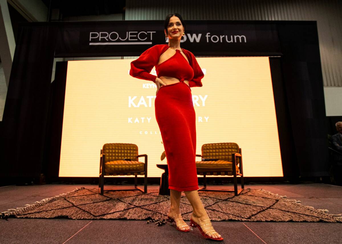 Katy Perry poses after speaking during the MAGIC Las Vegas fashion trade show on on Tuesday, Au ...