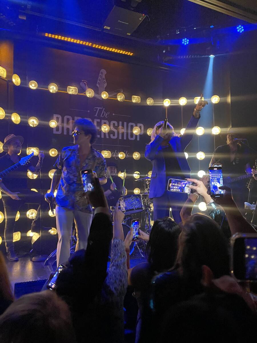 The Silk Sonic duo of Bruno Mars and Anderson .Paak play a pop-up show at The Barbershop at the ...