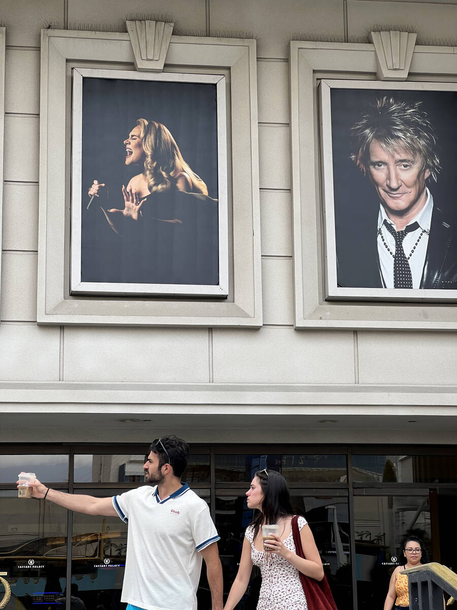 Adele in a photo at an entrance to Caesars Palace on the Strip in Las Vegas Monday, July 25, 20 ...