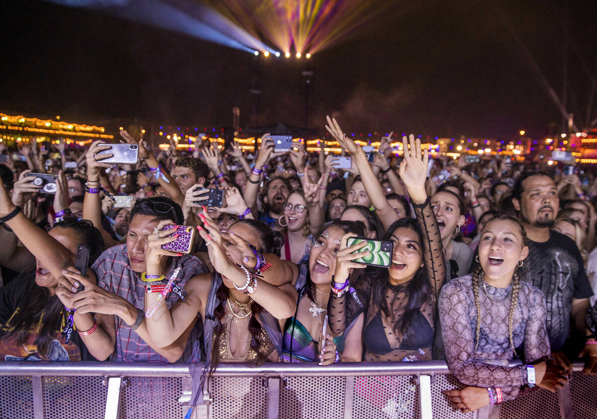 In this Sept. 17, 2021, file photo, fans cheer for Tame Impala performing on the Downtown Stage ...