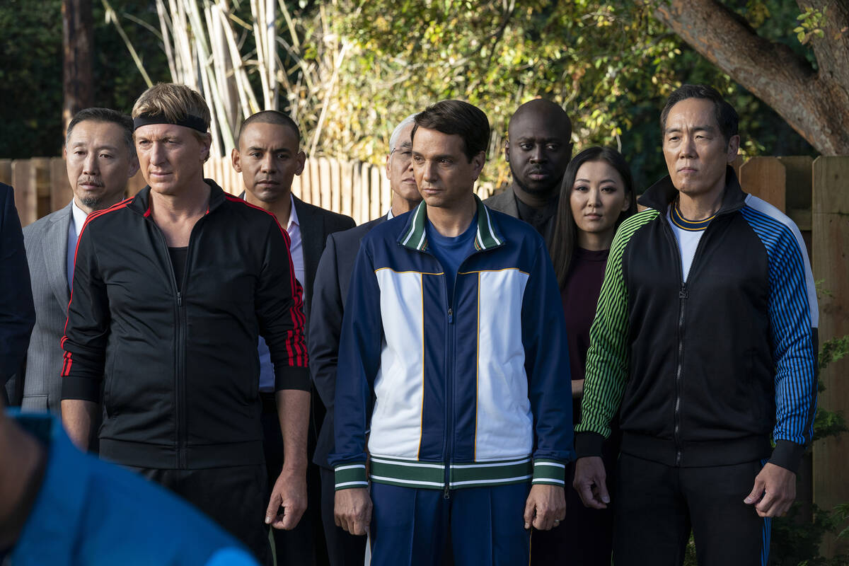From left, William Zabka as Johnny Lawrence, Ralph Macchio as Daniel LaRusso, Yuji Okumoto as C ...