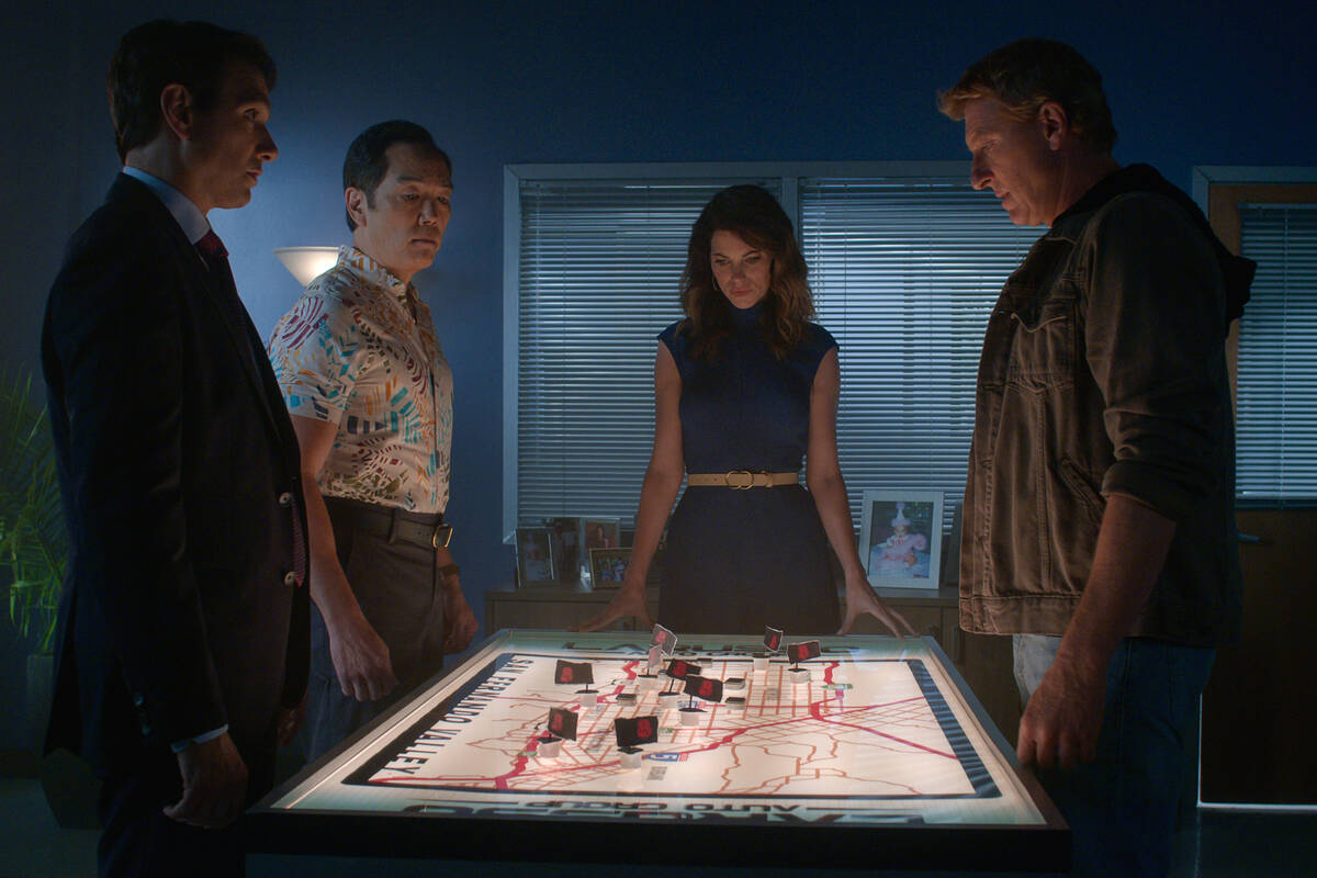 From left, Ralph Macchio as Daniel LaRusso, Yuji Okumoto as Chozen Toguchi, Courtney Henggeler ...