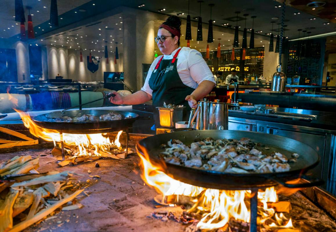 Chef Stephanie Sandfrey prepares paella over an open flame at Jaleo in The Cosmopolitan on Tues ...