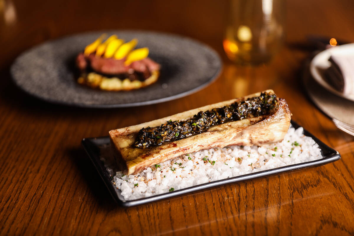 The osso buco, a bone marrow, beef cheek, sunflower seed risotto and gremolata dish from Harves ...