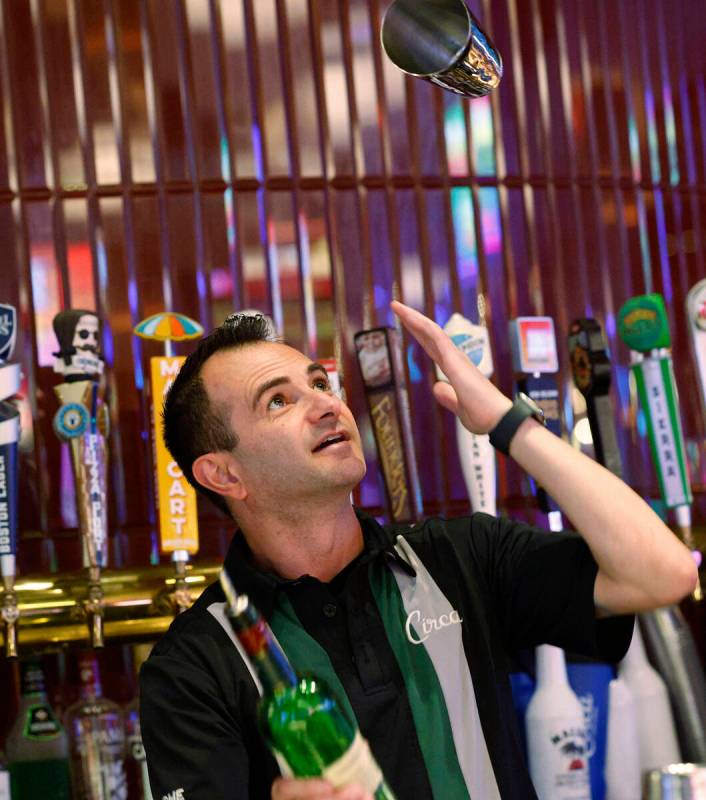 Flair bartender Vache Manoukian shows his skills, Friday, Sept. 2, 2022, at Circa’s Mega ...