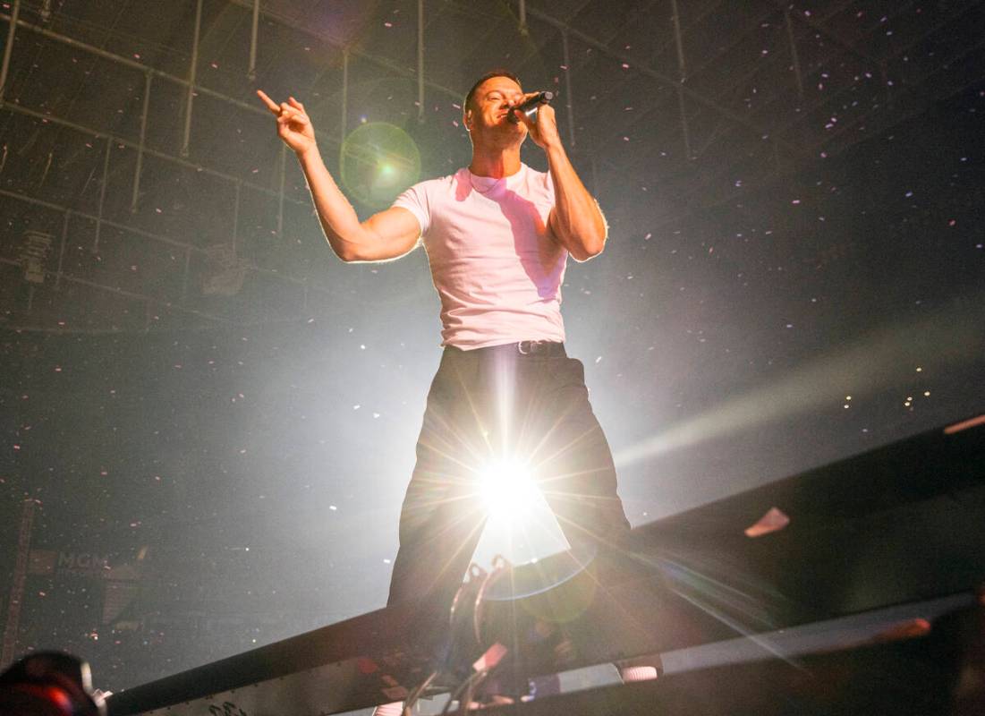 Dan Reynolds, of Imagine Dragons, performs at Allegiant Stadium, on Saturday, Sept. 10, 2022, i ...