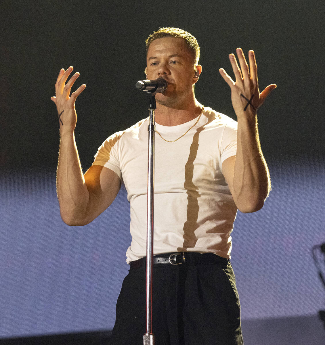 Dan Reynolds, of Imagine Dragons, performs at Allegiant Stadium, on Saturday, Sept. 10, 2022, i ...