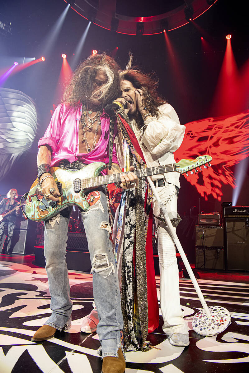 Steven Tyler and Joe Perry perform during the return of "Deuces Are Wild" at Dolby Live at Park ...