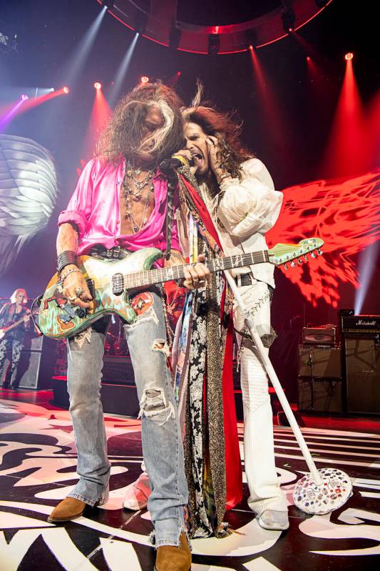 Steven Tyler and Joe Perry perform during the return of "Deuces Are Wild" at Dolby Live at Park ...