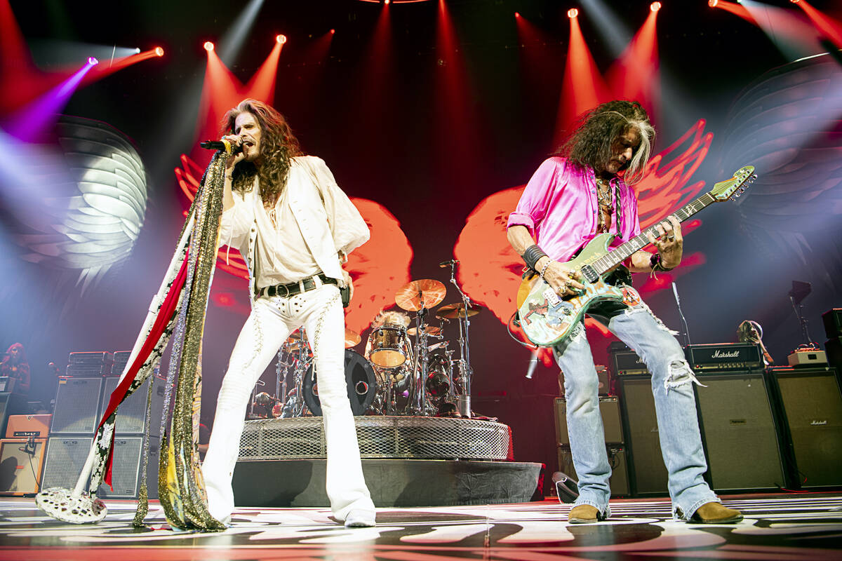 Steven Tyler and Joe Perry perform during the return of "Deuces Are Wild" at Dolby Live at Park ...