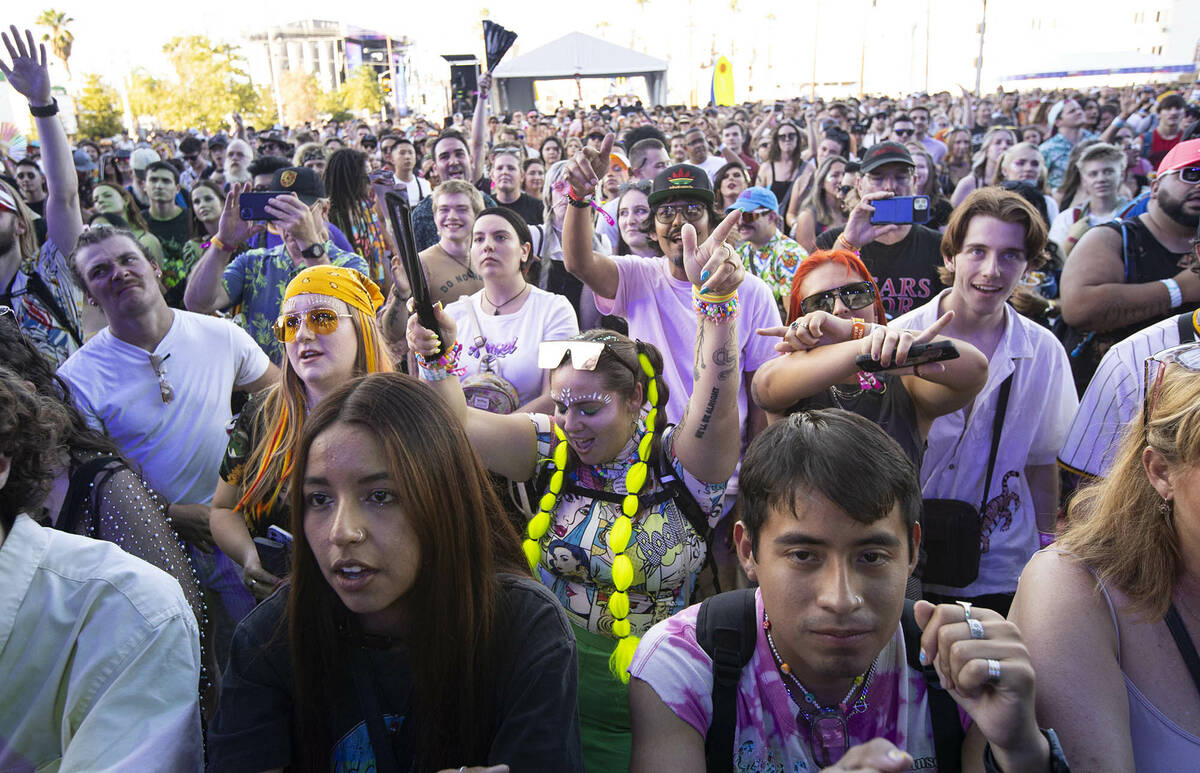 Fans dance as Blu DeTiger performs during the first day of the Life is Beautiful festival on Fr ...