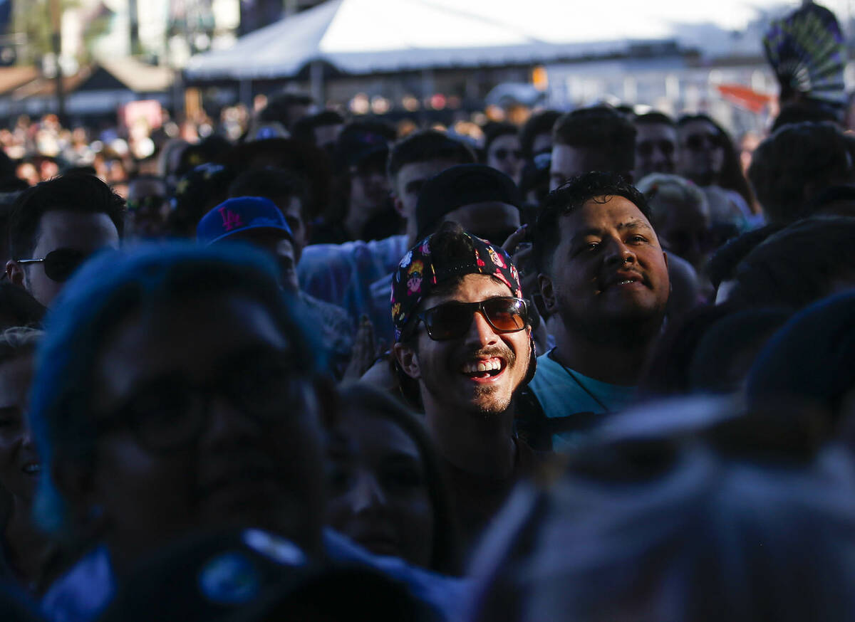 A fan reacts as Jordan Edward Benjamin, who goes by grandson, performs during the first day of ...