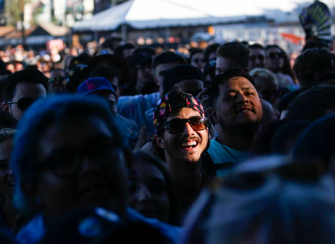 A fan reacts as Jordan Edward Benjamin, who goes by grandson, performs during the first day of ...