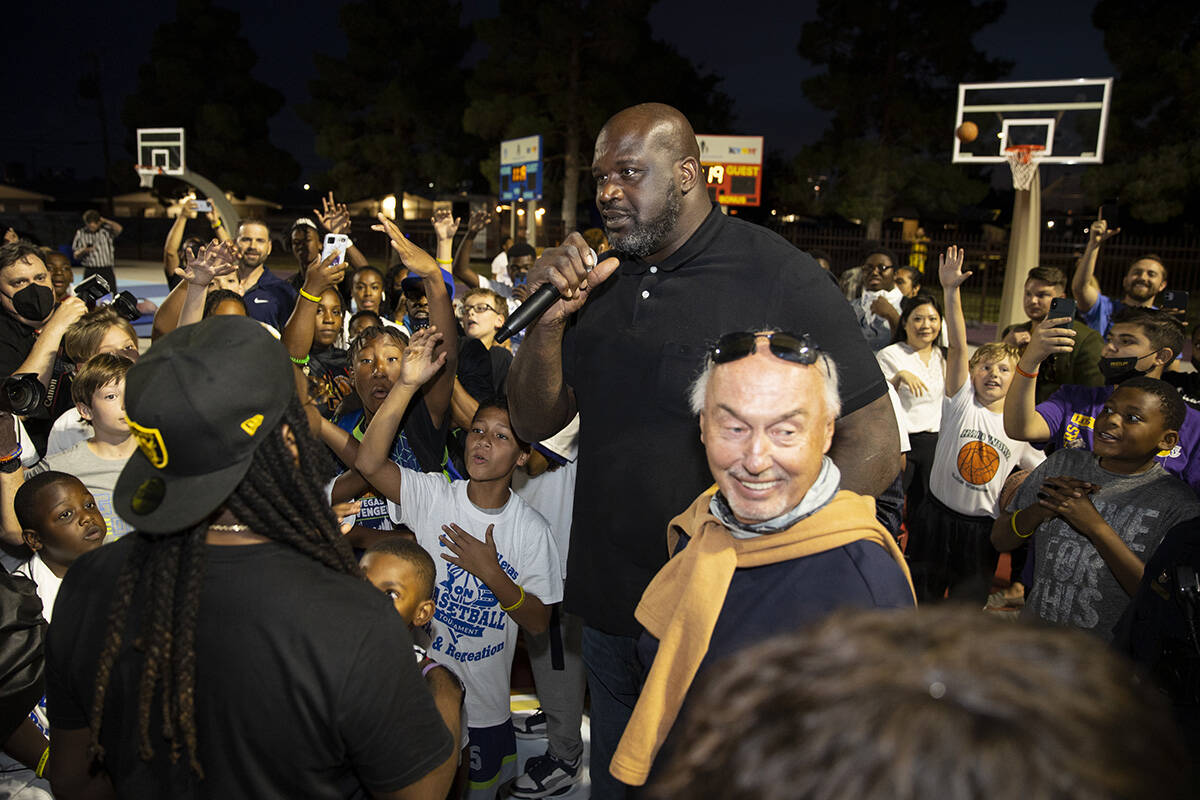 Shaquille O’Neal gives a speech during an event at Doolittle Complex basketball courts i ...