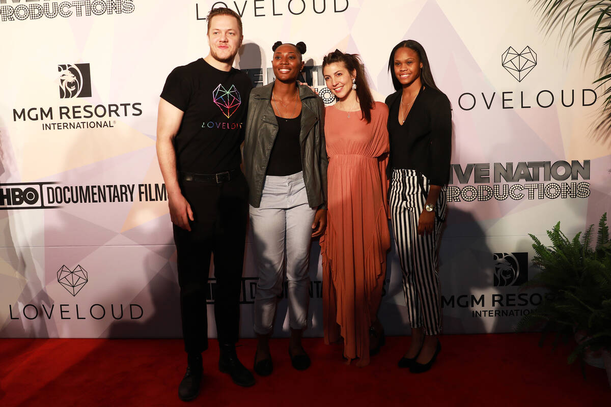 Dan Reynolds, Sequoia Holmes, Aja Volkman and Moriah Jefferson pose before a VIP screening of ...