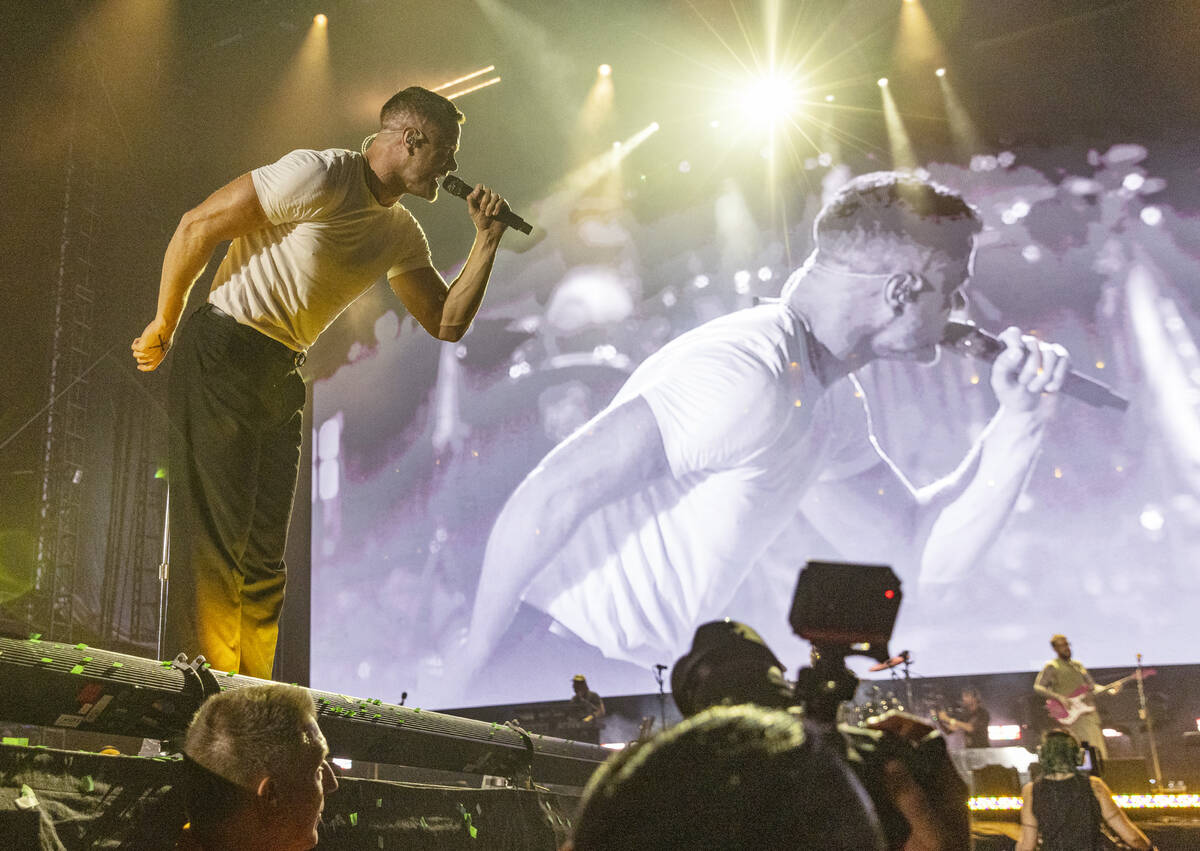 Dan Reynolds, of Imagine Dragons, performs at Allegiant Stadium, on Saturday, Sept. 10, 2022, i ...