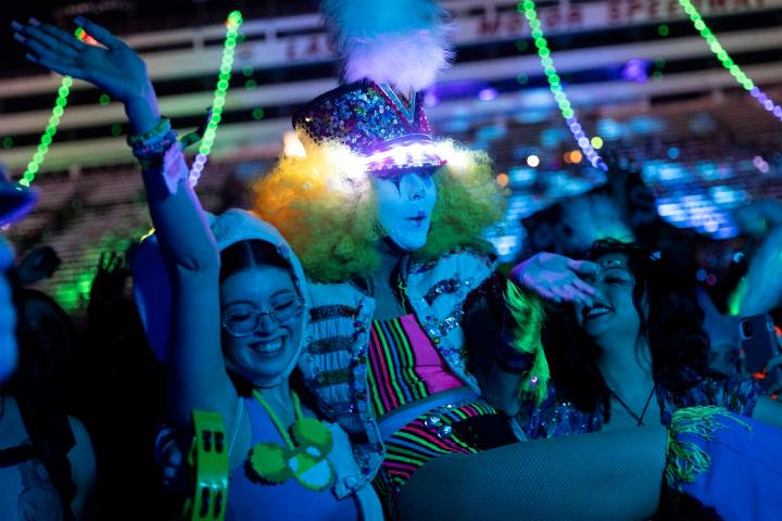A Carnevale Clown performer interacts with the crowd at Grimes DJ set during the second day of ...