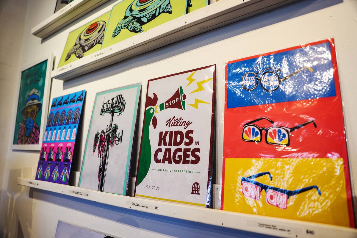 Work by Izaac Zevalking at his store Recycled Propaganda in the Arts District in Las Vegas, Mon ...