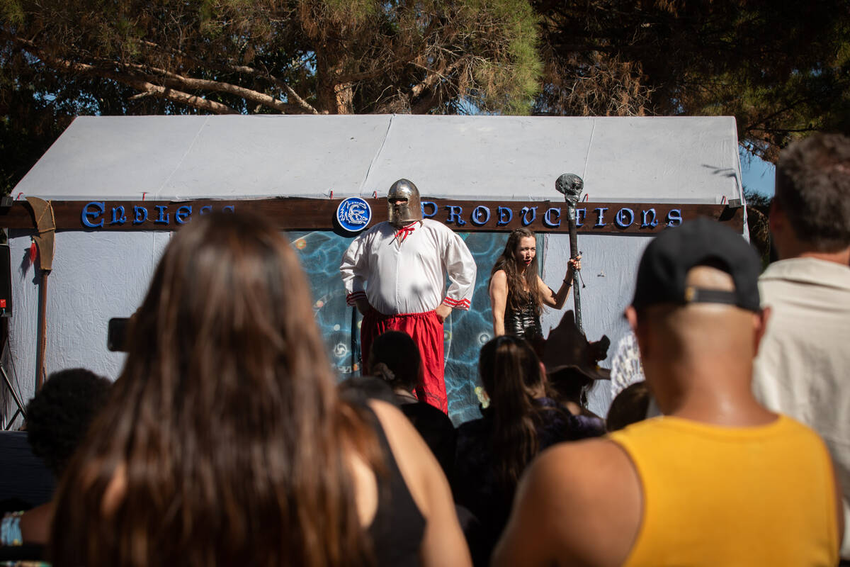 Actors perform a skit at the Age of Chivalry Renaissance Festival on Sunday, Oct. 9, 2022, in L ...