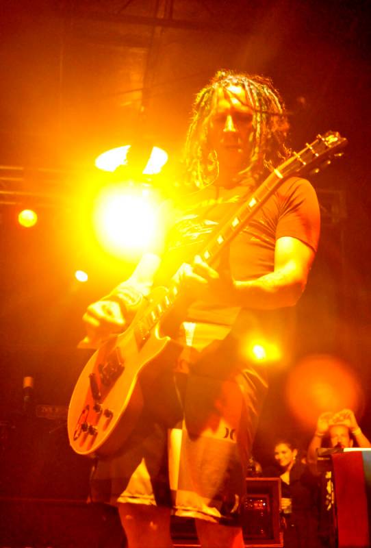Eric Melvin of NOFX performs on the Outdoor Stage at the corner of East Stewart Avenue and Nort ...