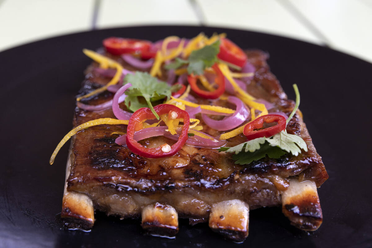 Honey Salt’s sticky duroc pork ribs at the restaurant on Saturday, Oct. 15, 2022, in Las ...