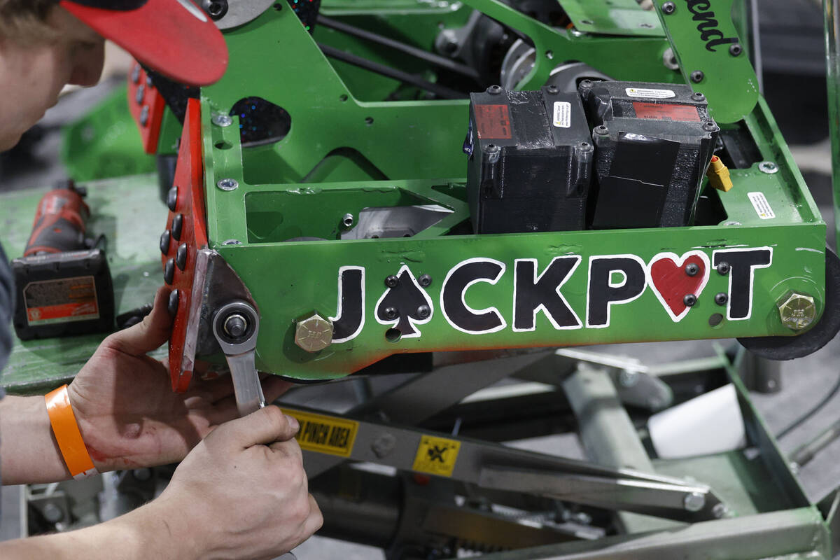 Vegas Combat Robotics team member Lucas Grell prepares their robot Jackpot for a battle in the ...