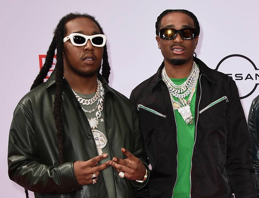 Takeoff, left, and Quavo of Migos, arrive at the BET Awards in Los Angeles on June 27, 2021. Ho ...