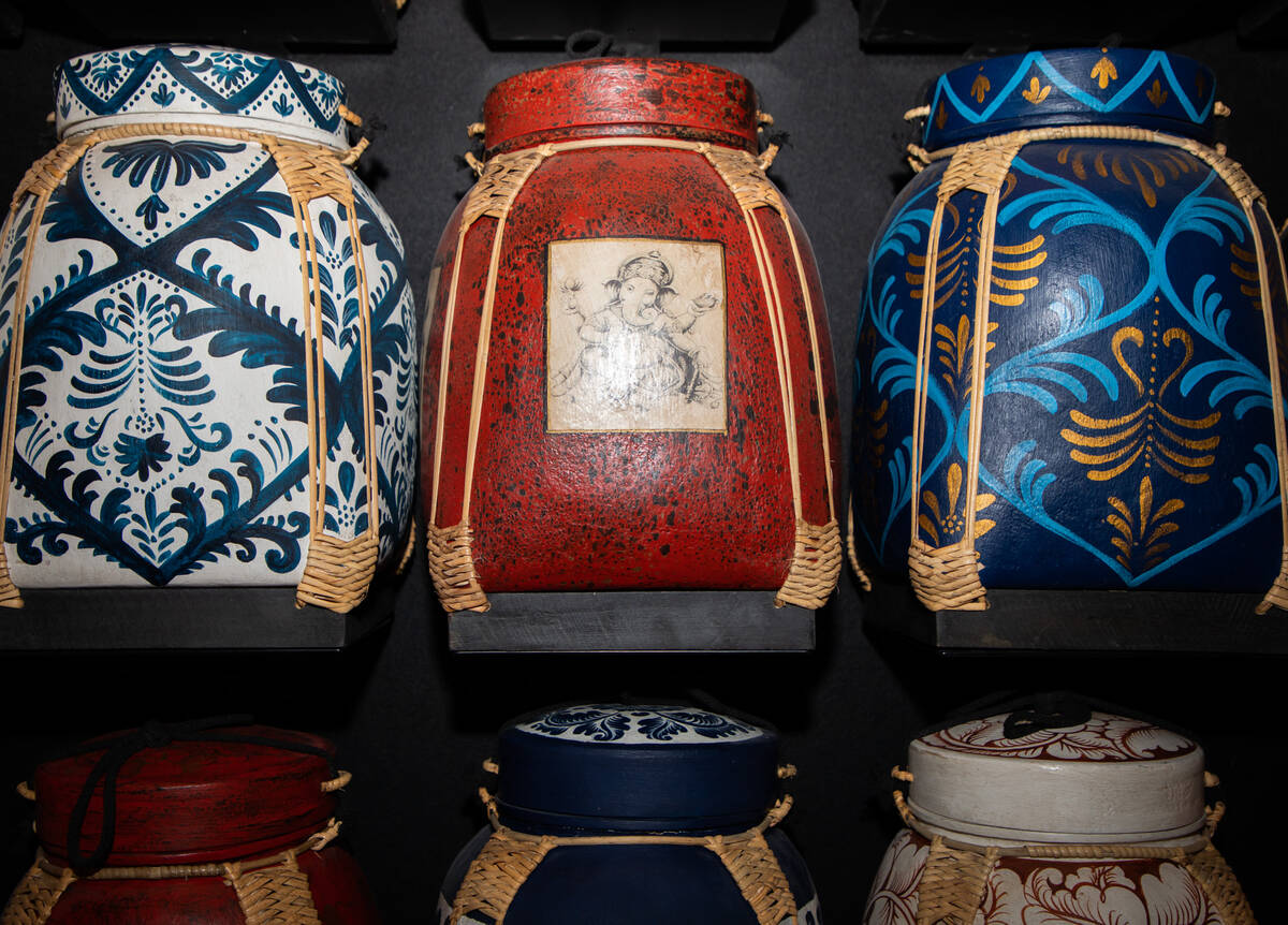 Traditional packs for harvesting tea inside the new Lotus of Siam restaurant in Red Rock Resort ...