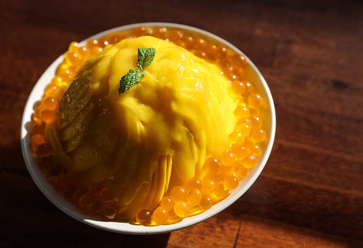 Mango bingsoo, Korean shave ice, at Sweet Mong in Las Vegas, Tuesday, Nov. 1, 2022. (Rachel Ast ...