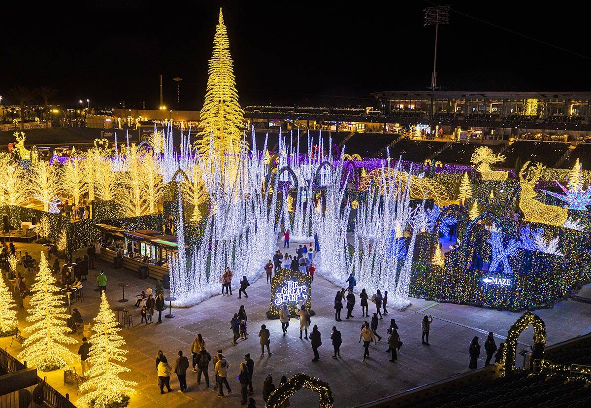 A ballpark transformed: Enchant Las Vegas lit up the basepaths in 2021. (Benjamin Hager/Las Veg ...