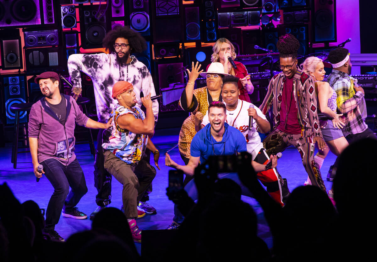 Lin-Manuel Miranda, co-creator of Freestyle Love Supreme, left, performs with the cast at The S ...