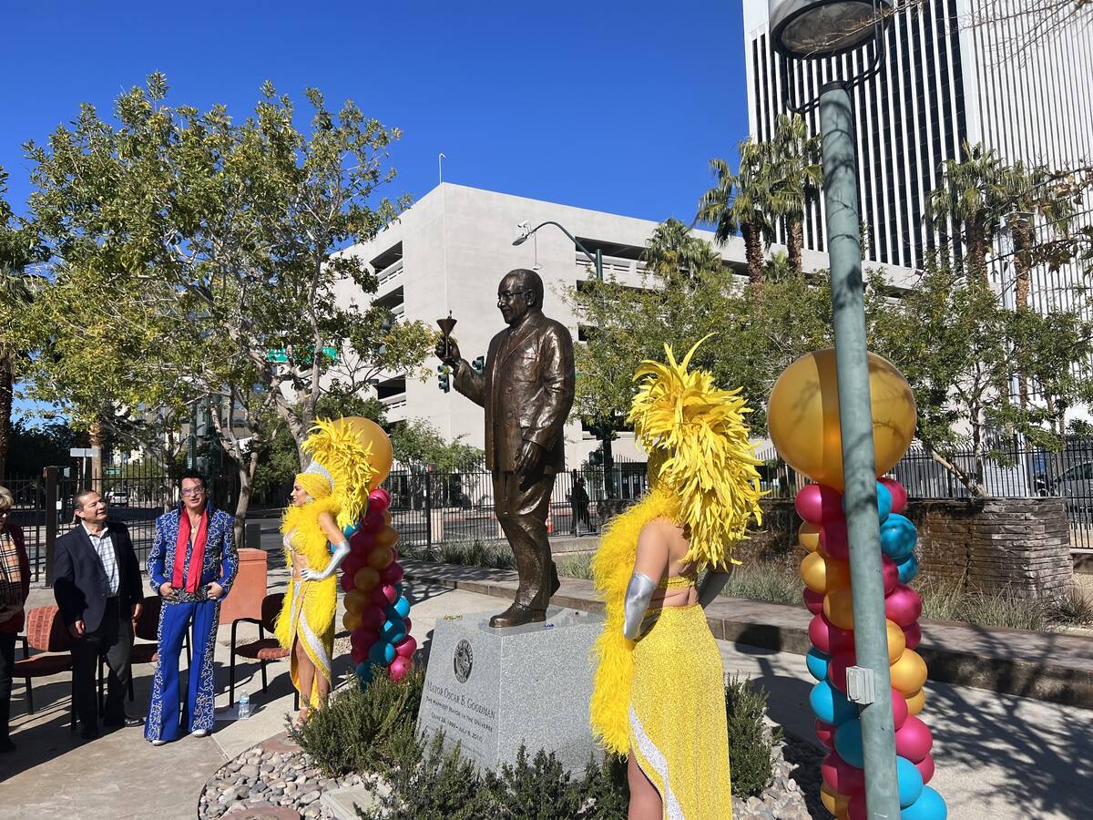 A bronze statue of former Las Vegas Mayor Oscar Goodman is shown at Historic Fifth Street Schoo ...