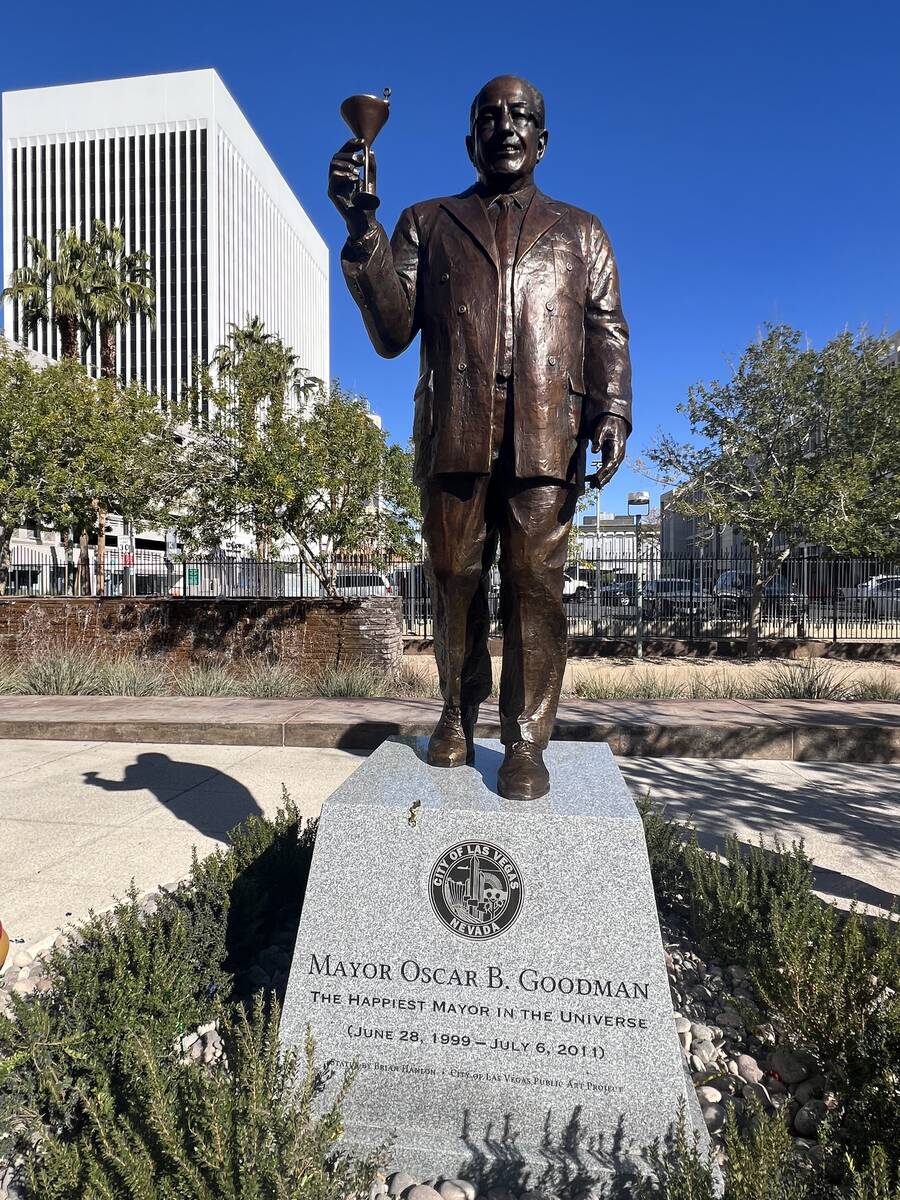A bronze statue of former Las Vegas Mayor Oscar Goodman is shown at Historic Fifth Street Schoo ...