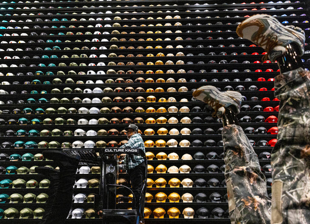 A 75-foot hat wall is shown at Culture Kings at the Forum Shops at Caesars, on Monday, Nov. 14, ...