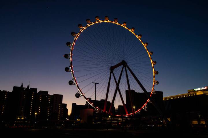 Colors for the San Francisco 49ers are displayed on the High Roller in Las VegasStrip as the fi ...