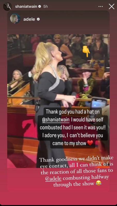 An Instagram story screen grab of Shania Twain attending "Weekends With Adele" on Friday, Nov. ...