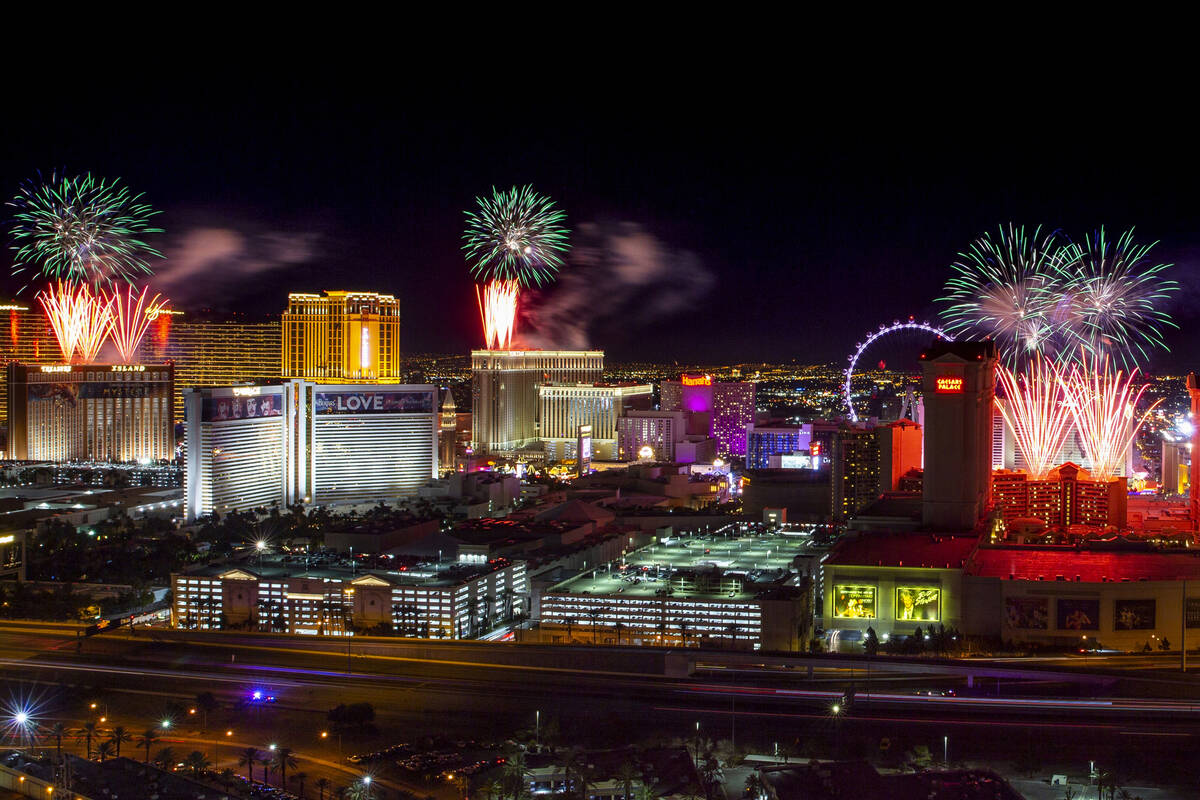 Fireworks for New Year's Eve erupt over the Strip as viewed from the VooDoo Rooftop Nightclub & ...