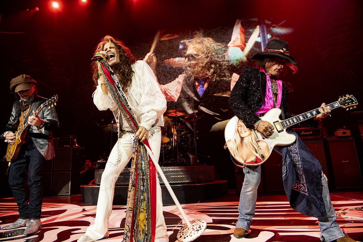 Steven Tyler and Joe Perry perform during the return of "Deuces Are Wild" at Dolby Live at Park ...
