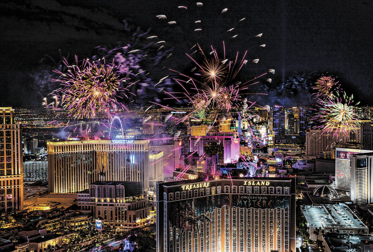 Fireworks explode over the Strip during New Year’s Eve celebrations on Saturday, Jan. 1, 2022 ...