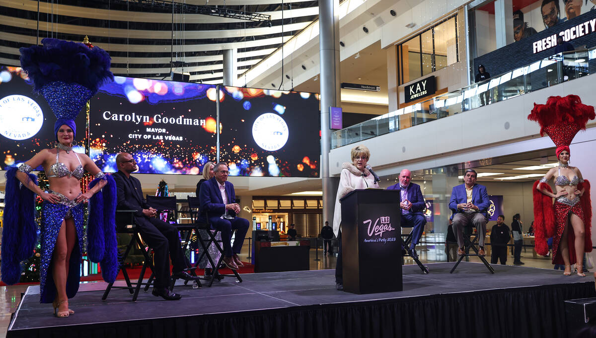 Mayor Carolyn Goodman addresses the crowd and media at an event to announce the city’s p ...