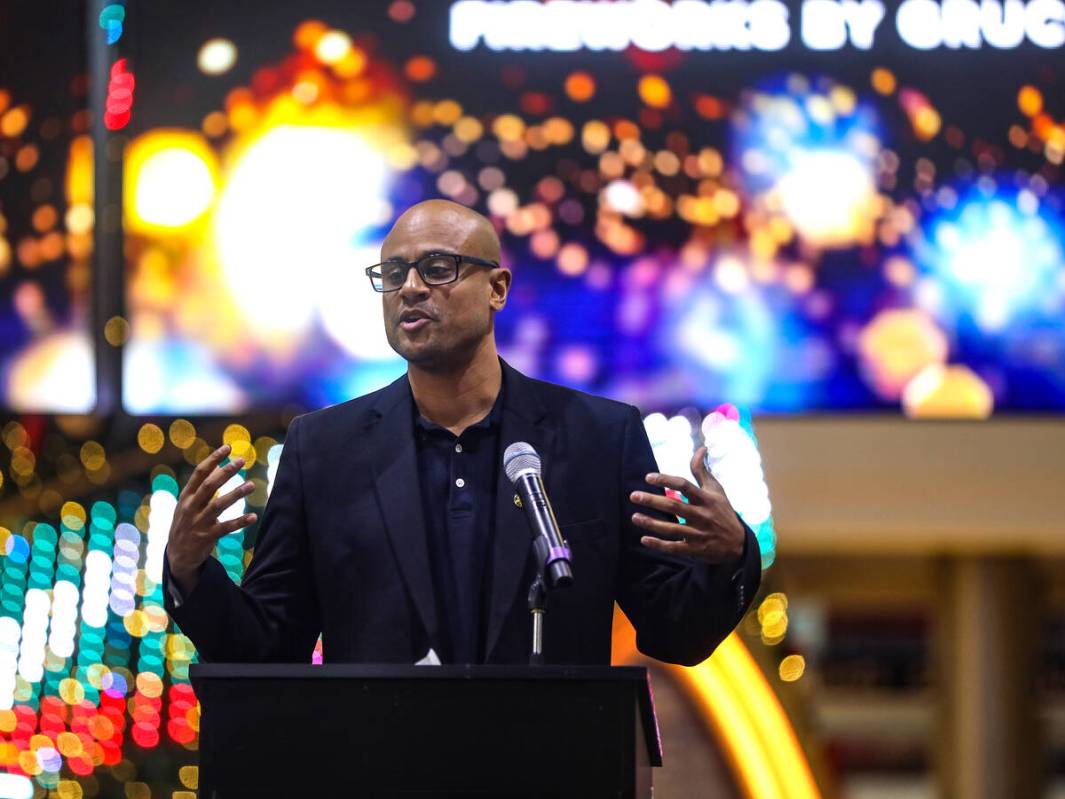 Corey Grucci, operations manager for Fireworks by Grucci, addresses the media and crowd at an e ...