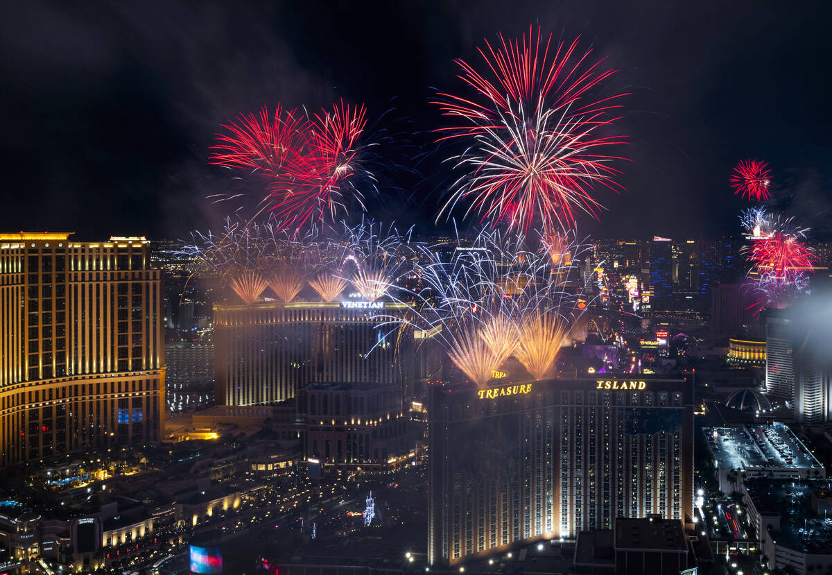 New Year’s fireworks erupt above the Strip viewed from atop the Trump Tower on Sunday, Jan. 1 ...
