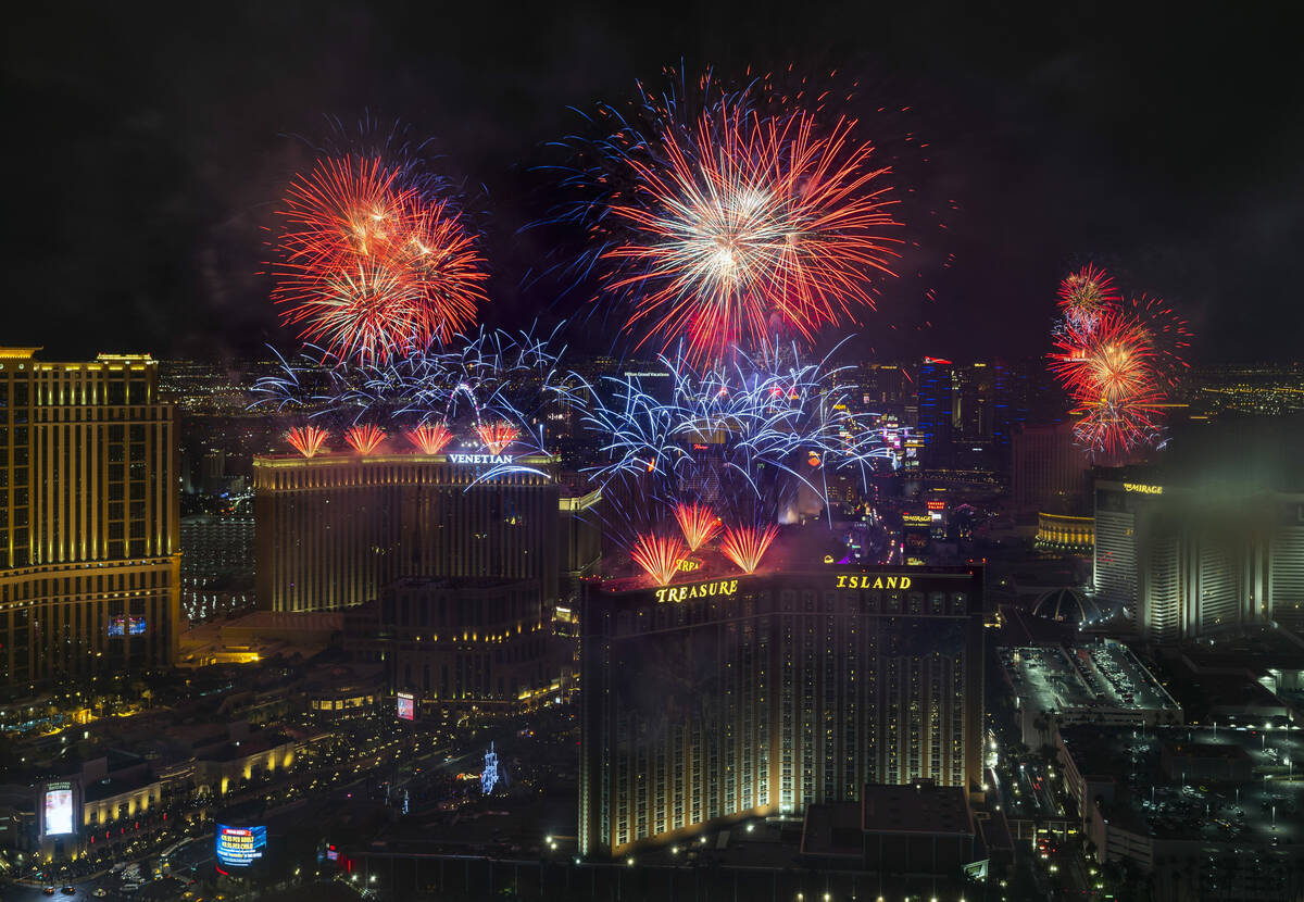 New Year’s fireworks erupt above the Strip viewed from atop the Trump Tower on Sunday, Jan. 1 ...