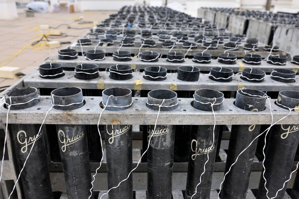 Fireworks by Grucci pyrotechnics on the roof of The Venetian Friday, Dec. 30, 2022. Fireworks f ...