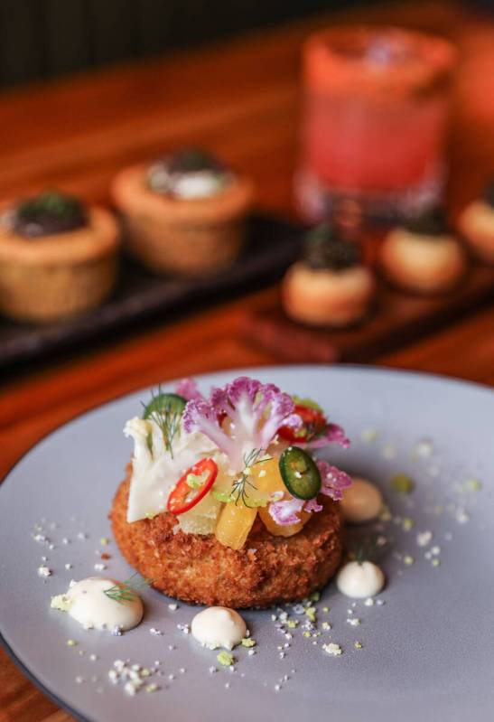Crispy Dungeness crab cake at Michael Mina’s StripSteak at Mandalay Bay in Las Vegas, We ...