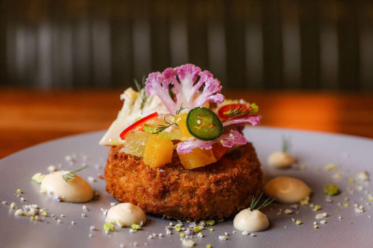 Crisp Dungeness crab cake at Michael Mina’s StripSteak at Mandalay Bay in Las Vegas, Wednesda ...