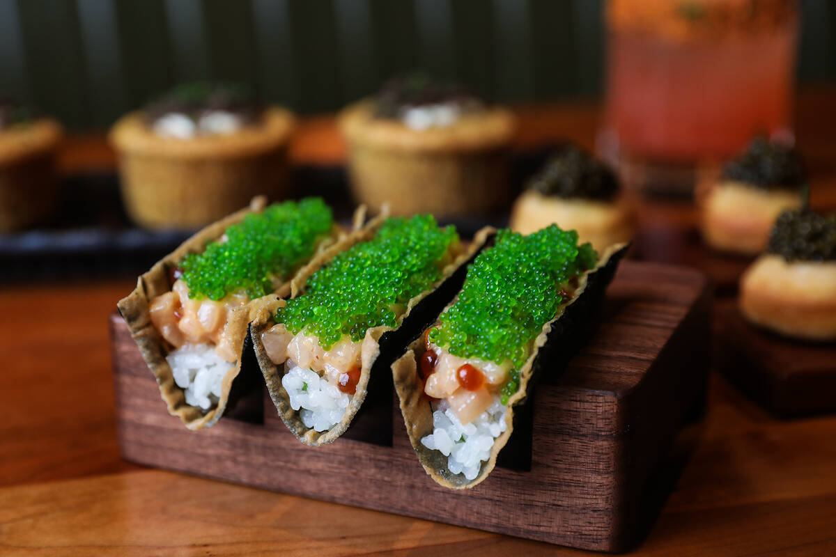 Hamachi nori tacos at Michael Mina’s StripSteak at Mandalay Bay in Las Vegas, Wednesday, ...