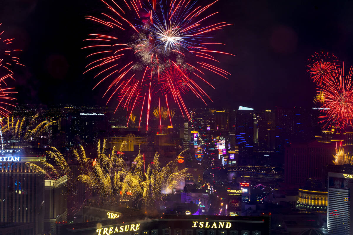 New Year’s Eve fireworks erupts above the Strip viewed from atop the Trump Tower on Sund ...
