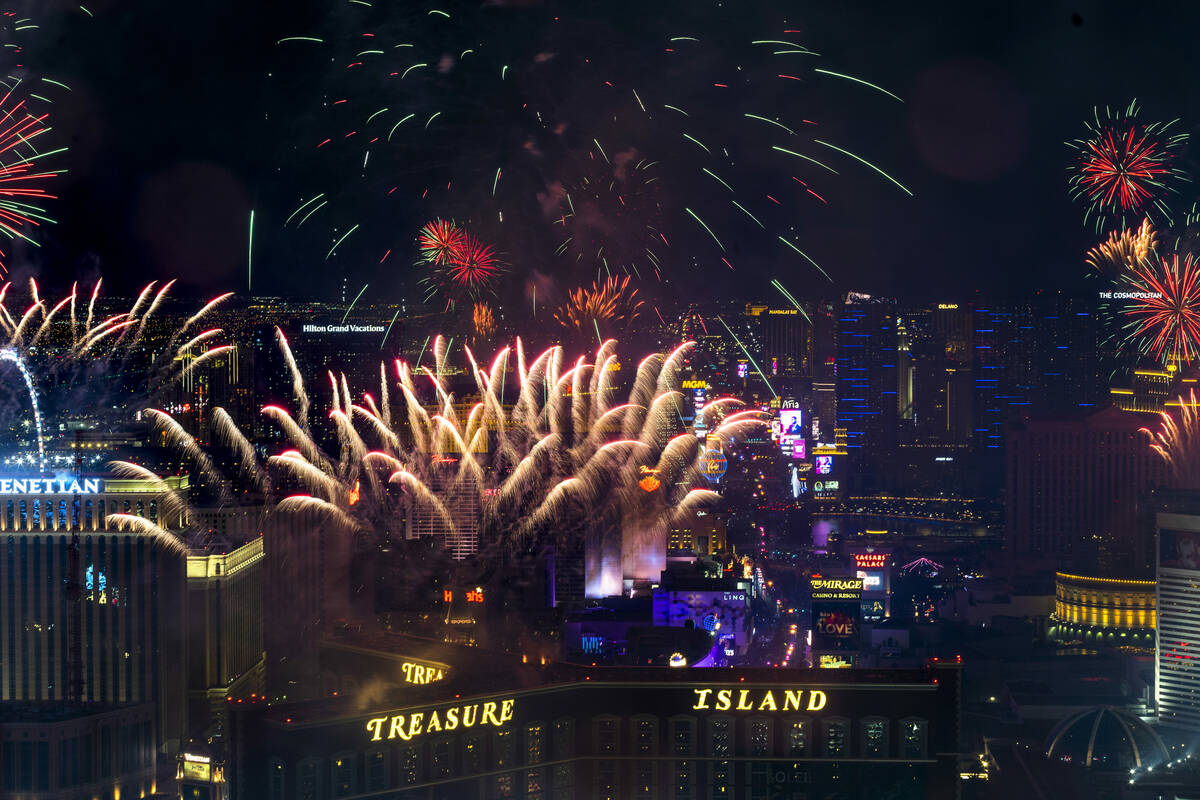 New Year’s Eve fireworks erupt above the Strip viewed from atop the Trump Tower on Sunda ...