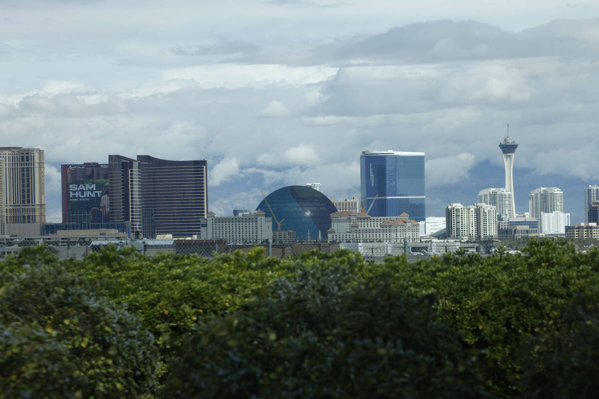 The Las Vegas Strip skyline is seen through the windows of the Panevino restaurant, Wednesday, ...